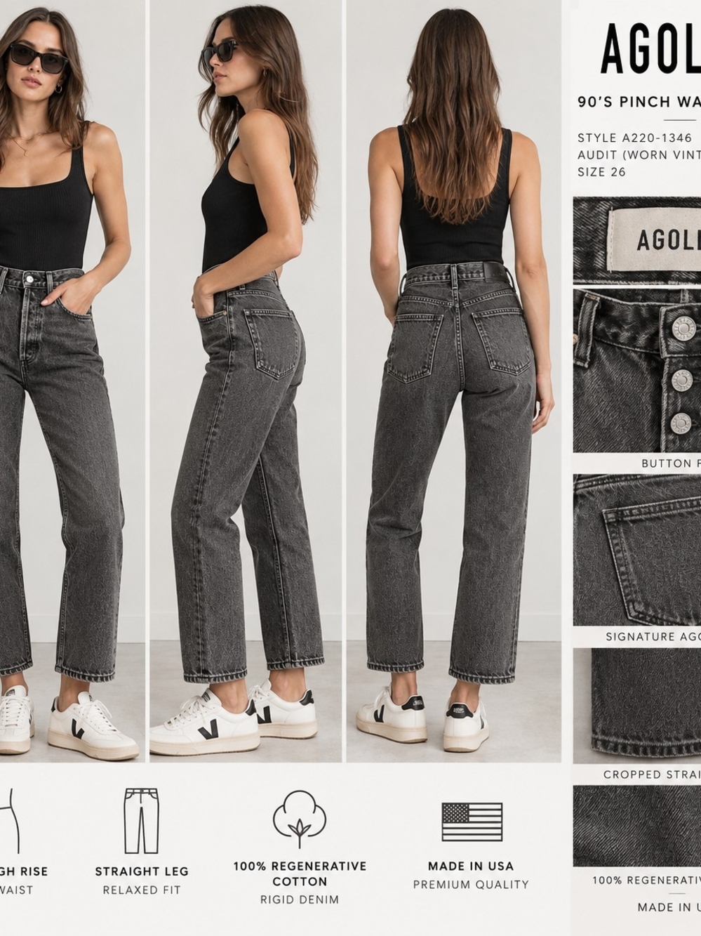 AGOLDE 90s Pinch Waist Crop Jeans Audit Worn Vintage Black Size 26